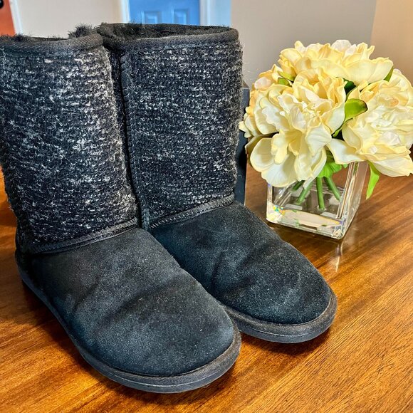 Minnetonka Suede & Tweed Genuine Sheepskin & Wool Lining Black Boots Size 7 - Picture 1 of 7